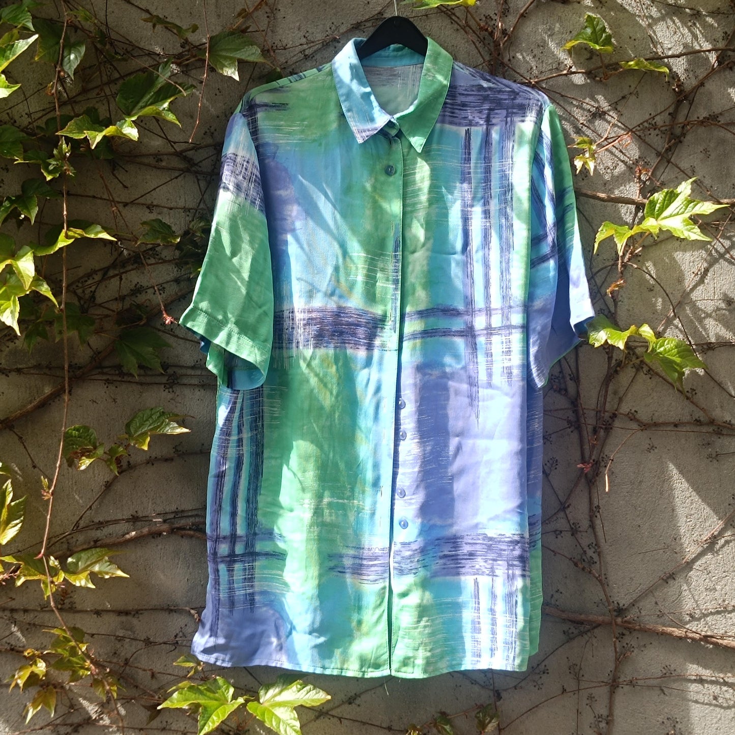 Vintage 90s Oversized Abstract Print Button Down Shirt Blue Green Short Sleeve