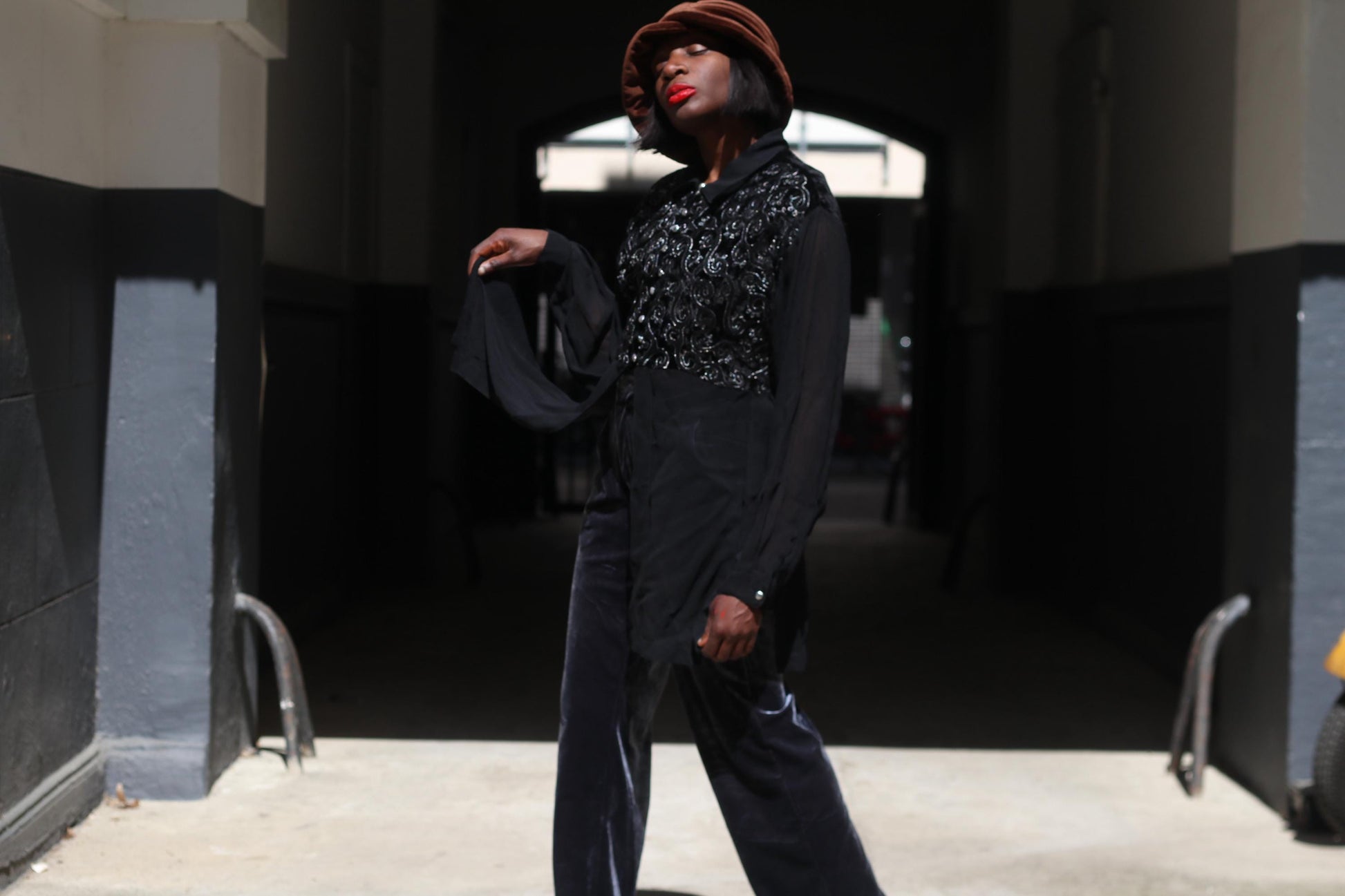 Vintage Black Velvet Tunic Blouse| 80s Embroidered Top Long Sheer Sleeve Evening