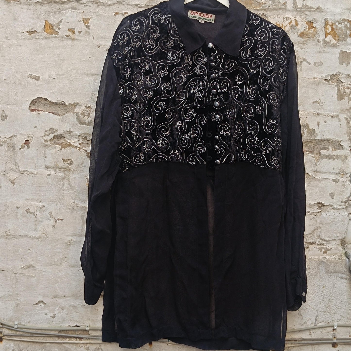 Vintage Black Velvet Tunic Blouse| 80s Embroidered Top Long Sheer Sleeve Evening