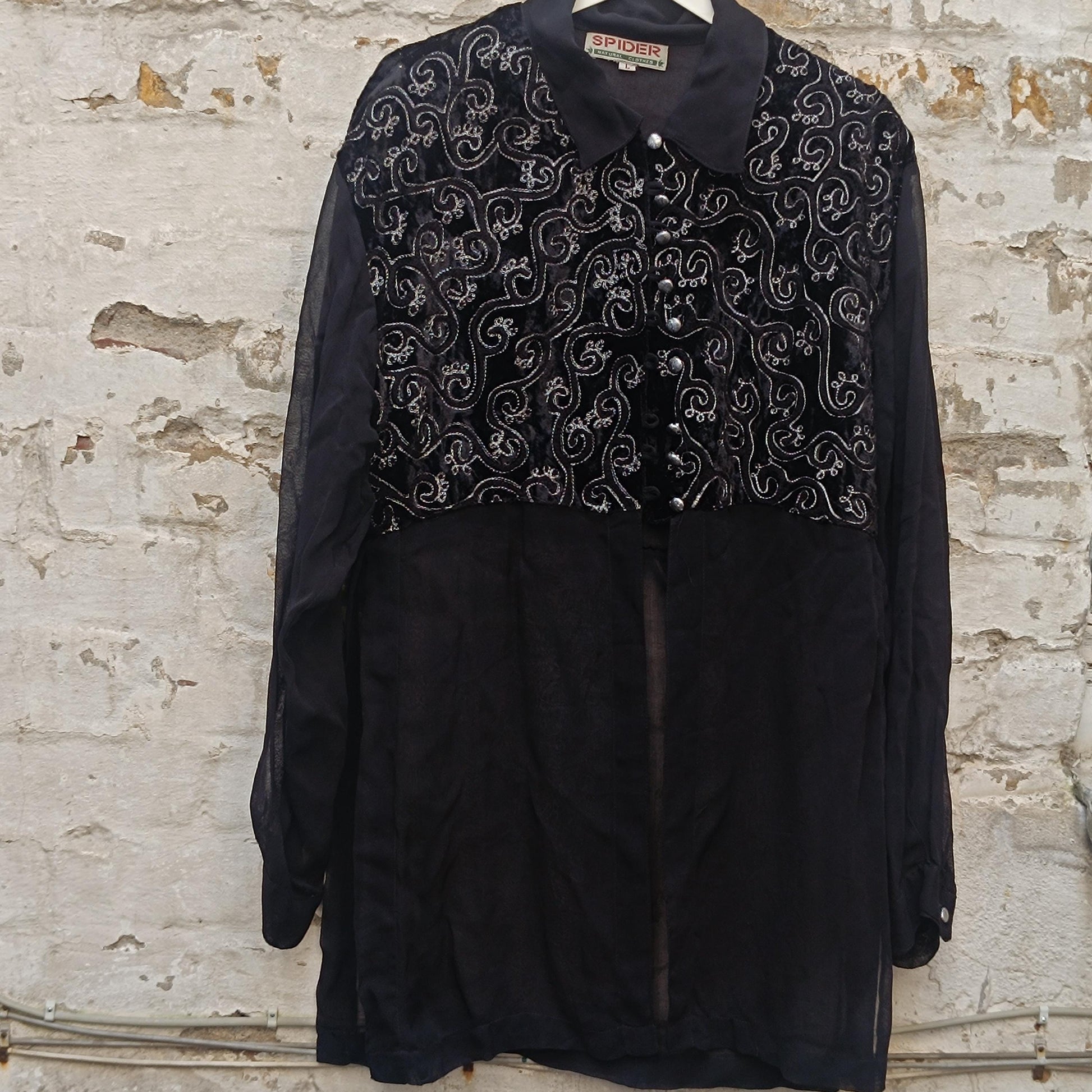 Vintage Black Velvet Tunic Blouse| 80s Embroidered Top Long Sheer Sleeve Evening