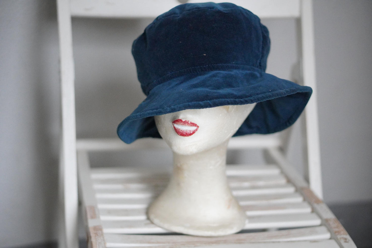 Blue Velvet Bucket Hat Vintage 90s Soft Cotton Navy Sun Hat 57cm Small Brim