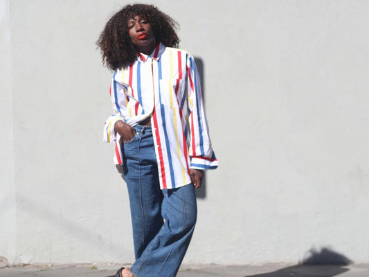 Vintage Esprit Striped Shirt Colorful Cotton Blouse Oversized Retro Top Vertical Stripe