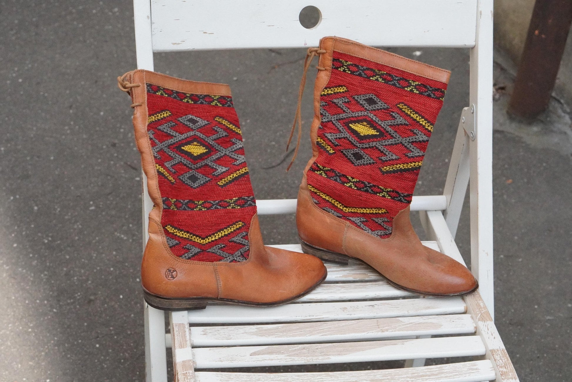 Vintage Kilim Leather Boots | Handwoven Wool Boho Western Shoes (EU 36)