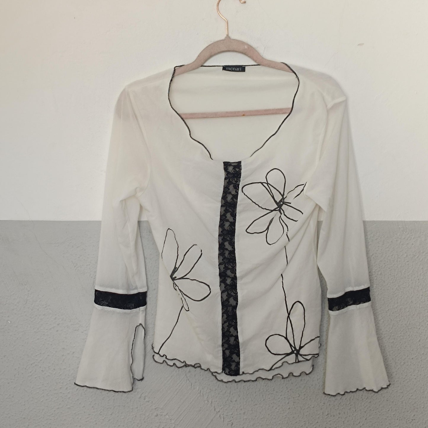 Y2K Monari Floral Embroidery Top Bell Sleeve Mesh Detail Lettuce Trim Vintage 00s