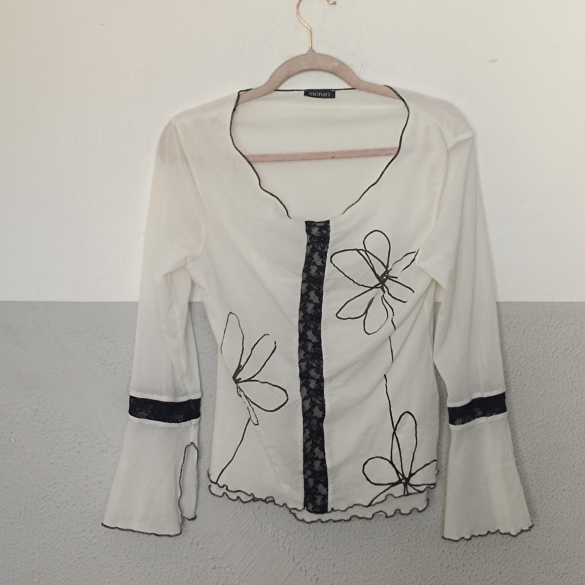 Y2K Monari Floral Embroidery Top Bell Sleeve Mesh Detail Lettuce Trim Vintage 00s