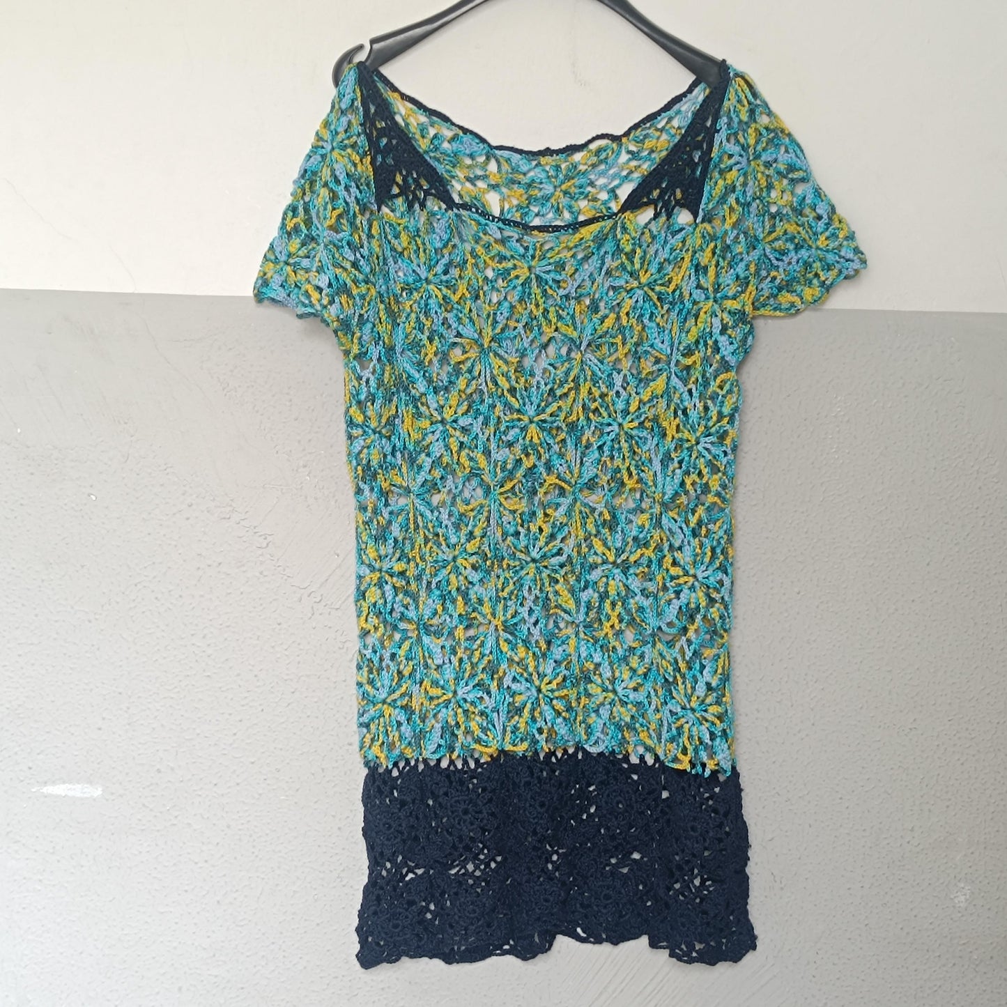 Crochet Lace Tunic Vintage Boho Floral Knit Top Turquoise Yellow Mesh Beach Coverup