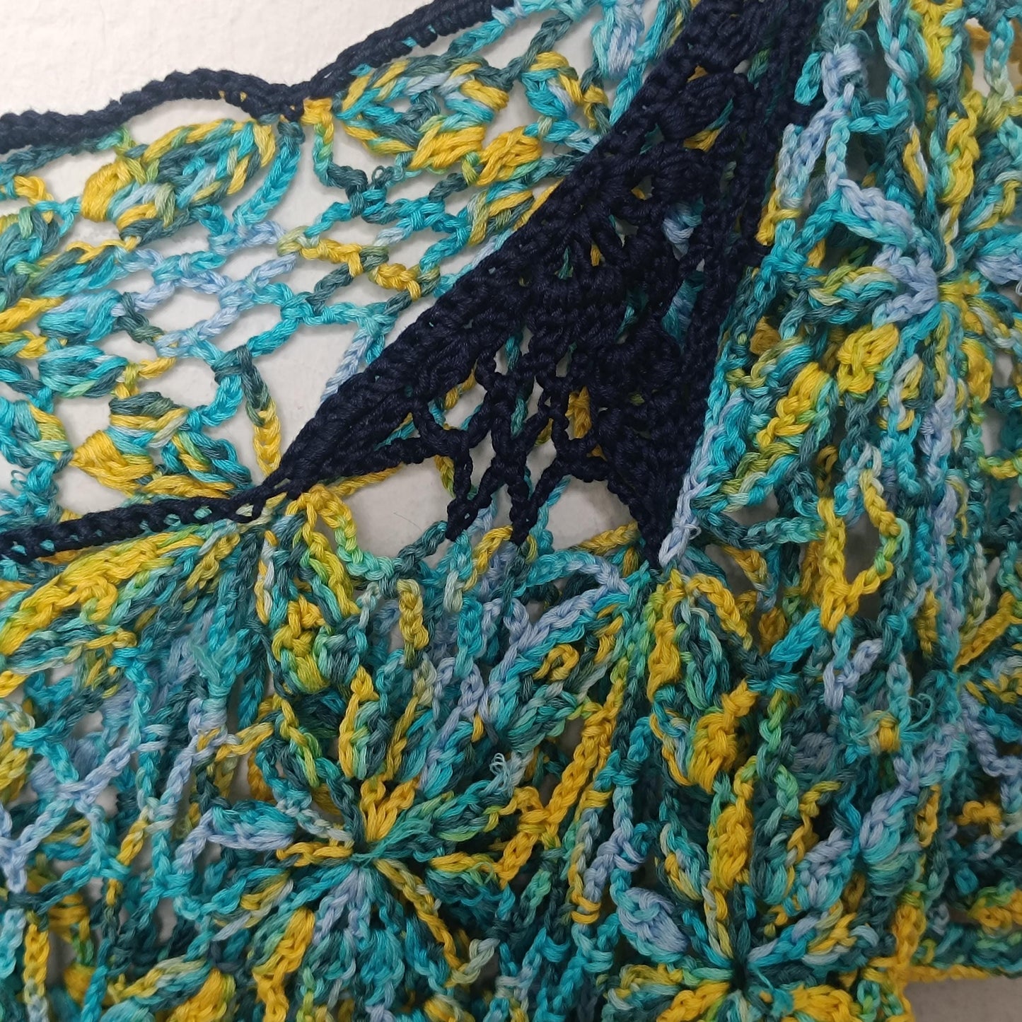 Crochet Lace Tunic Vintage Boho Floral Knit Top Turquoise Yellow Mesh Beach Coverup