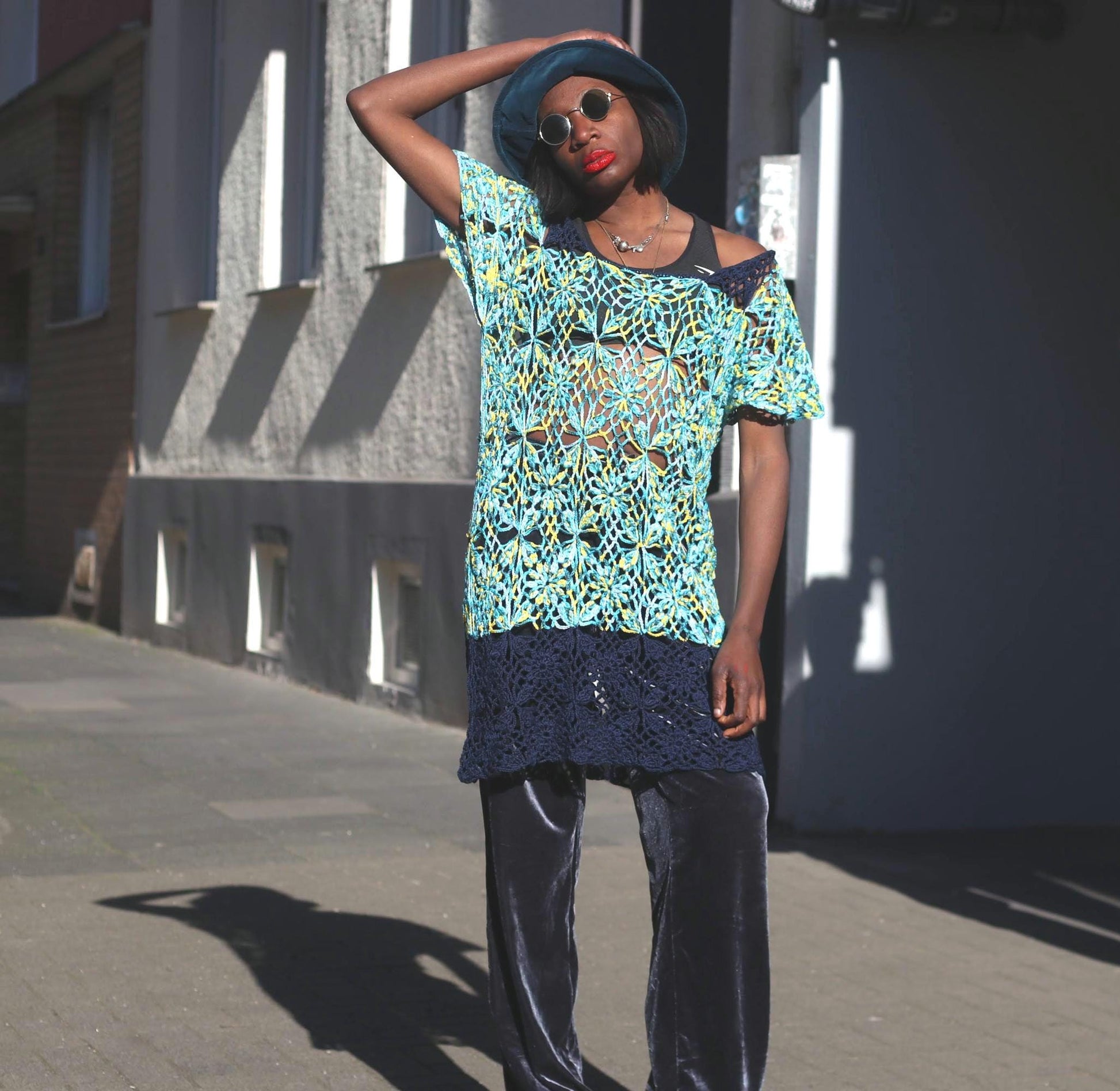 Crochet Lace Tunic Vintage Boho Floral Knit Top Turquoise Yellow Mesh Beach Coverup