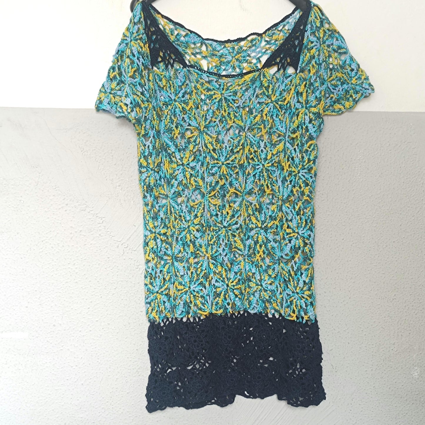 Crochet Lace Tunic Vintage Boho Floral Knit Top Turquoise Yellow Mesh Beach Coverup