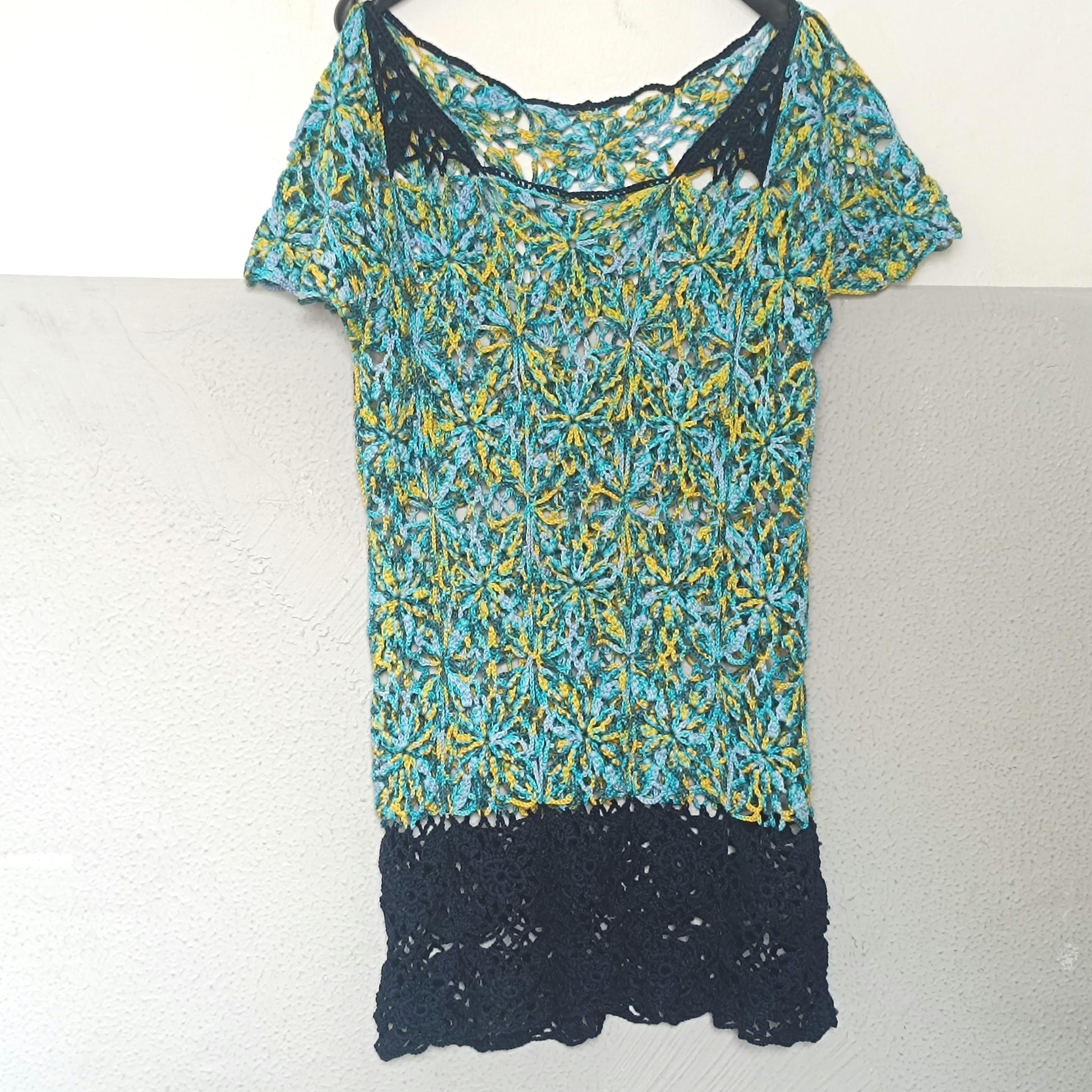 Crochet Lace Tunic Vintage Boho Floral Knit Top Turquoise Yellow Mesh Beach Coverup