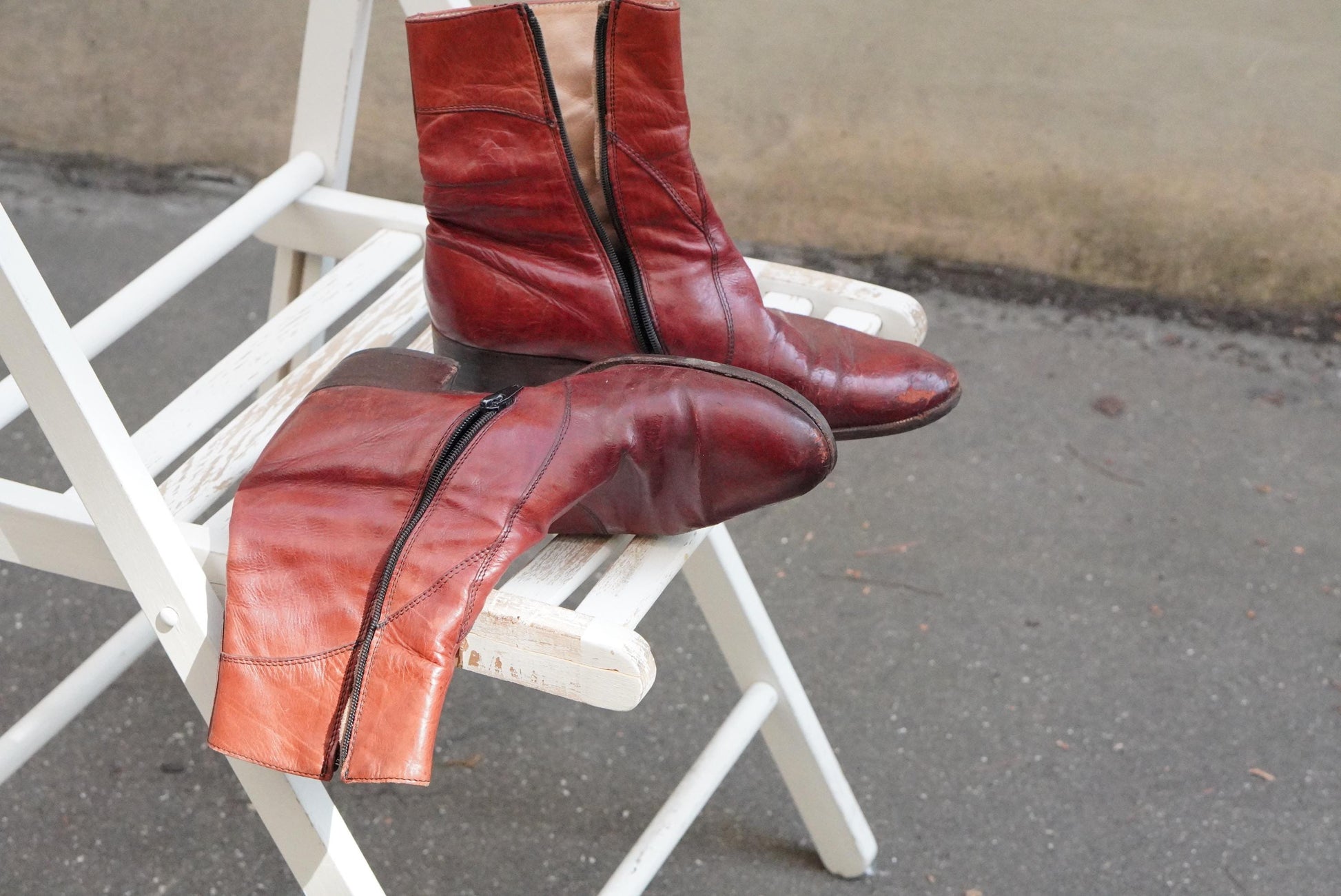 Vintage Oxblood Leather Boots Mid Calf Pointed Toe Zip Up 70s Style Burgundy