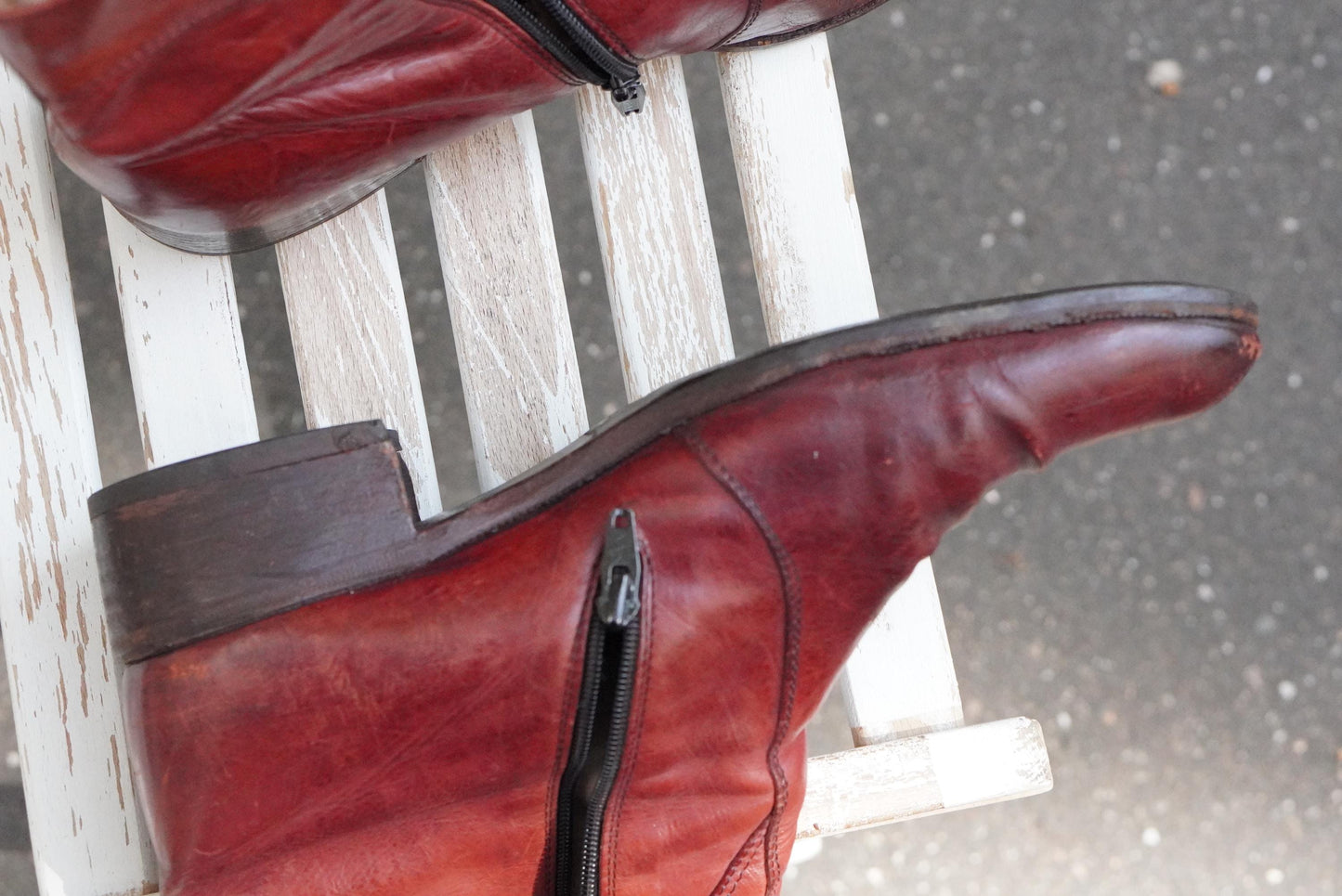 Vintage Oxblood Leather Boots Mid Calf Pointed Toe Zip Up 70s Style Burgundy