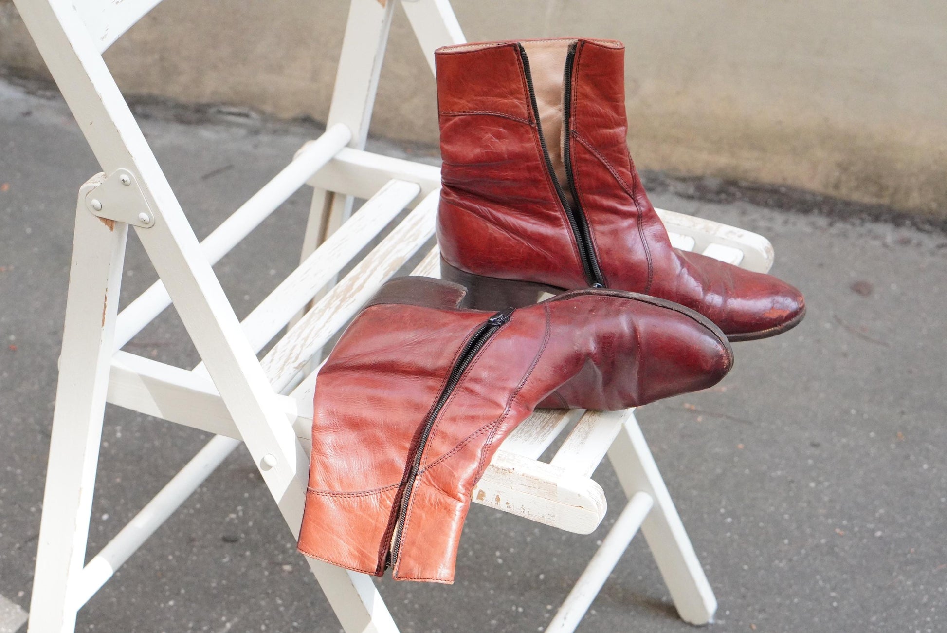 Vintage Oxblood Leather Boots Mid Calf Pointed Toe Zip Up 70s Style Burgundy
