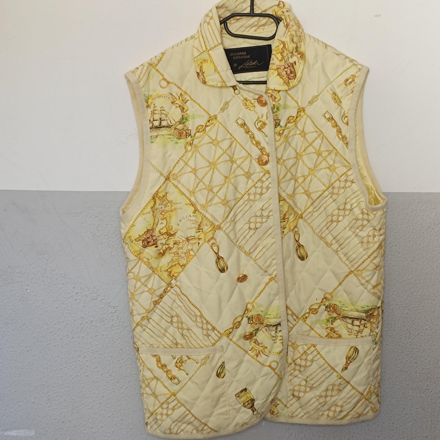 Vintage Quilted Nautical Vest Oversized Sleeveless Jacket Pale Yellow Gold Chain Print