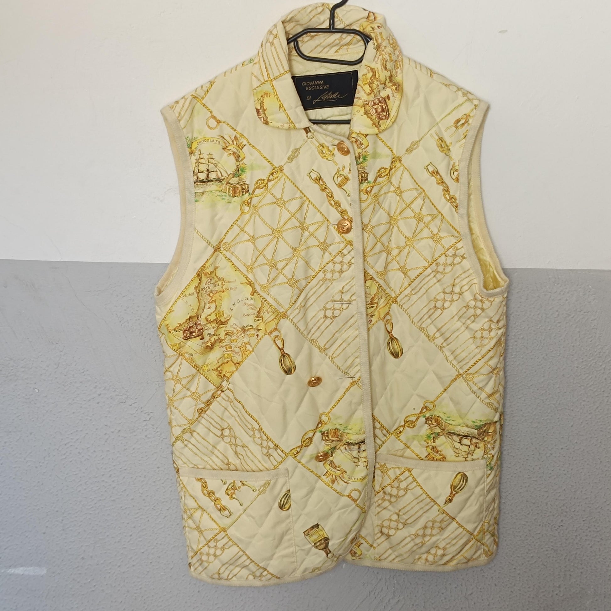 Vintage Quilted Nautical Vest Oversized Sleeveless Jacket Pale Yellow Gold Chain Print