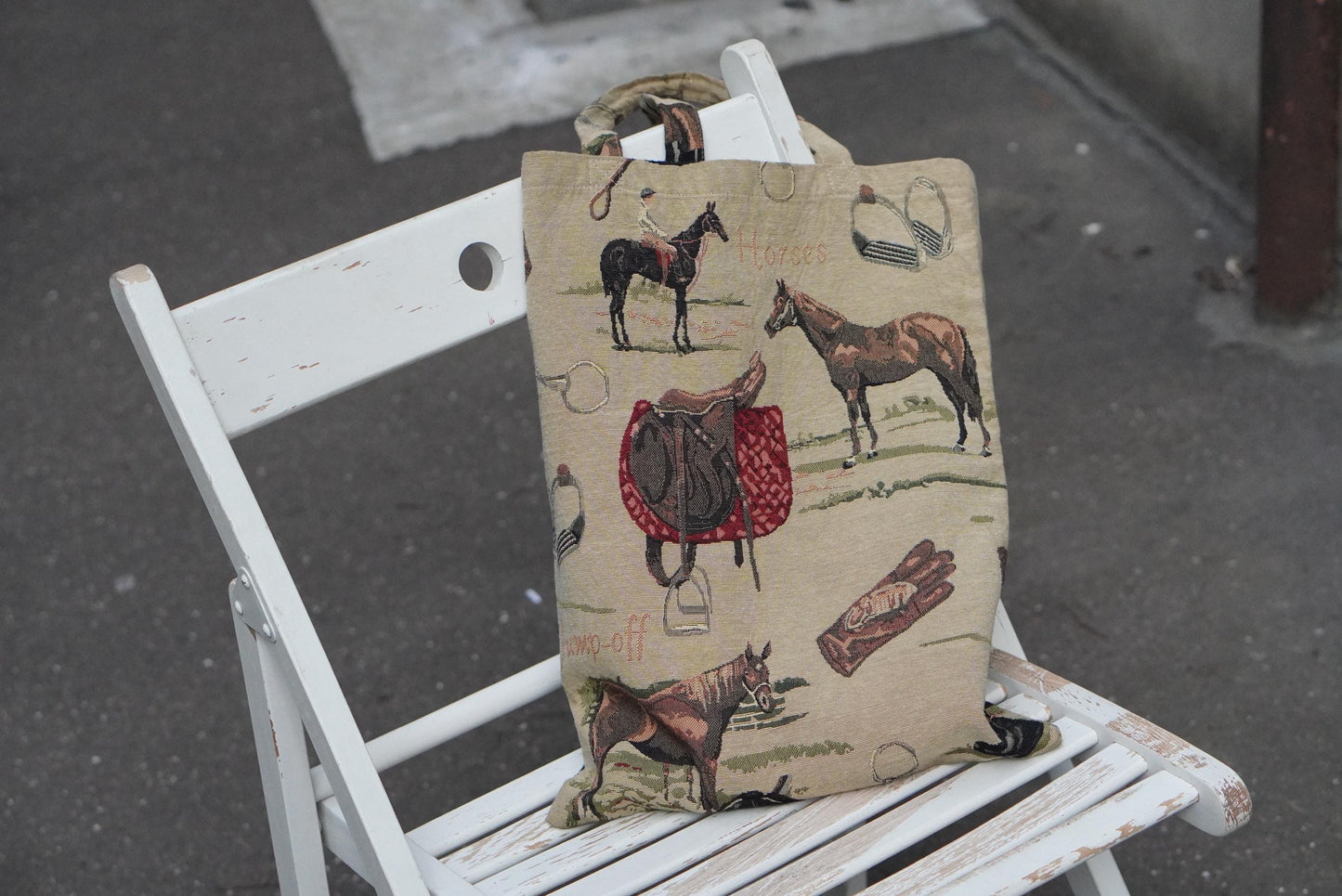 Vintage Equestrian Tapestry Tote Bag Horse Print Gobelin Style Shoulder Bag Tan