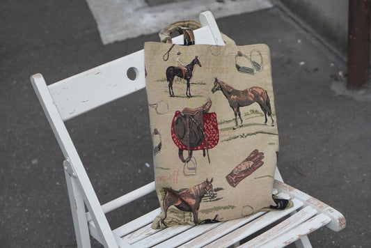 Vintage Equestrian Tapestry Tote Bag Horse Print Gobelin Style Shoulder Bag Tan