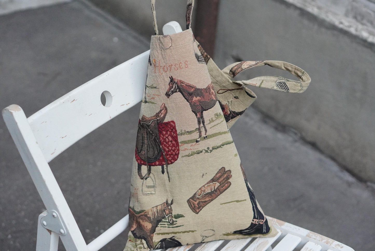 Vintage Equestrian Tapestry Tote Bag Horse Print Gobelin Style Shoulder Bag Tan