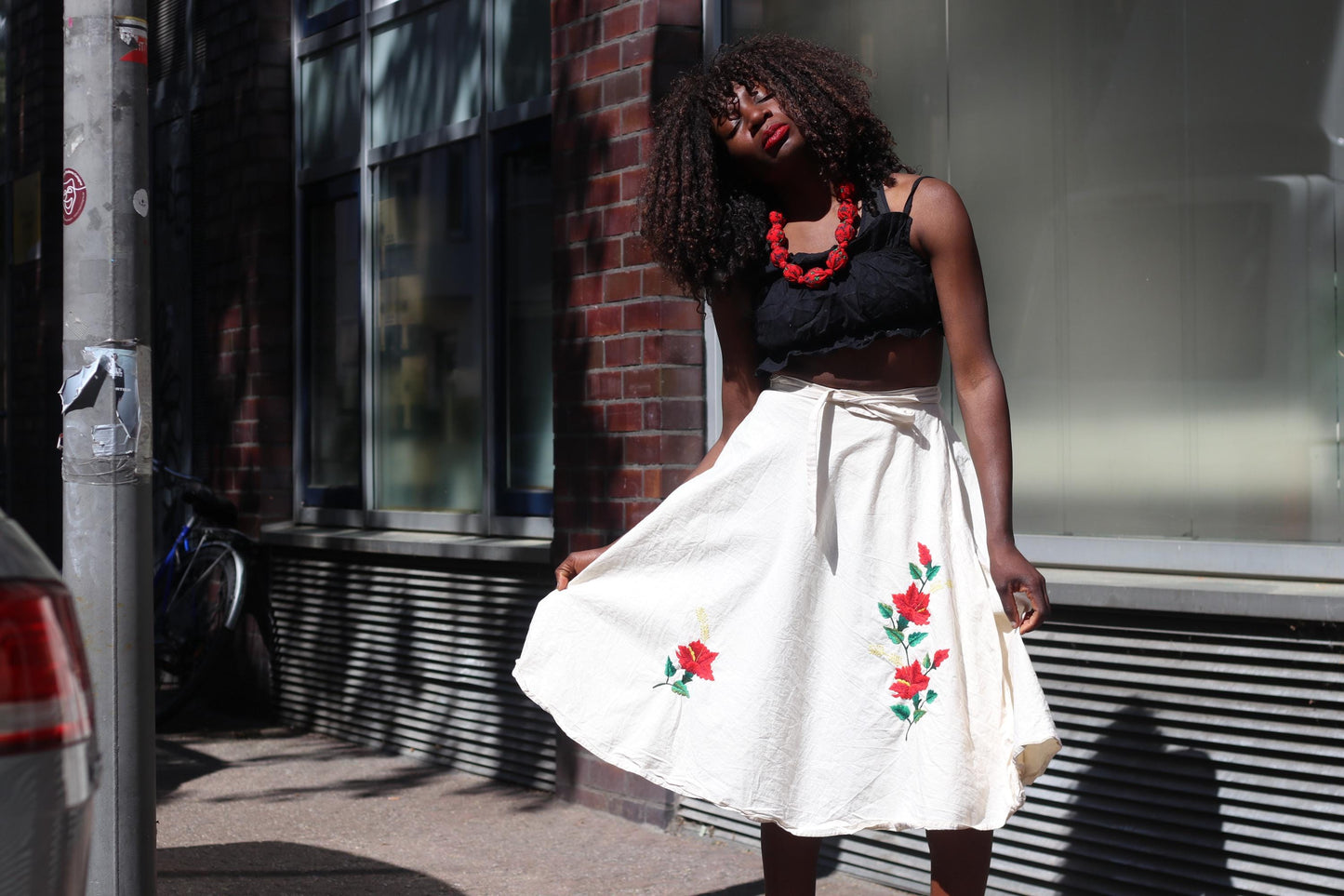 Vintage Embroidered Wrap Skirt White Cotton Floral Midi Skirt Boho Summer A-Line