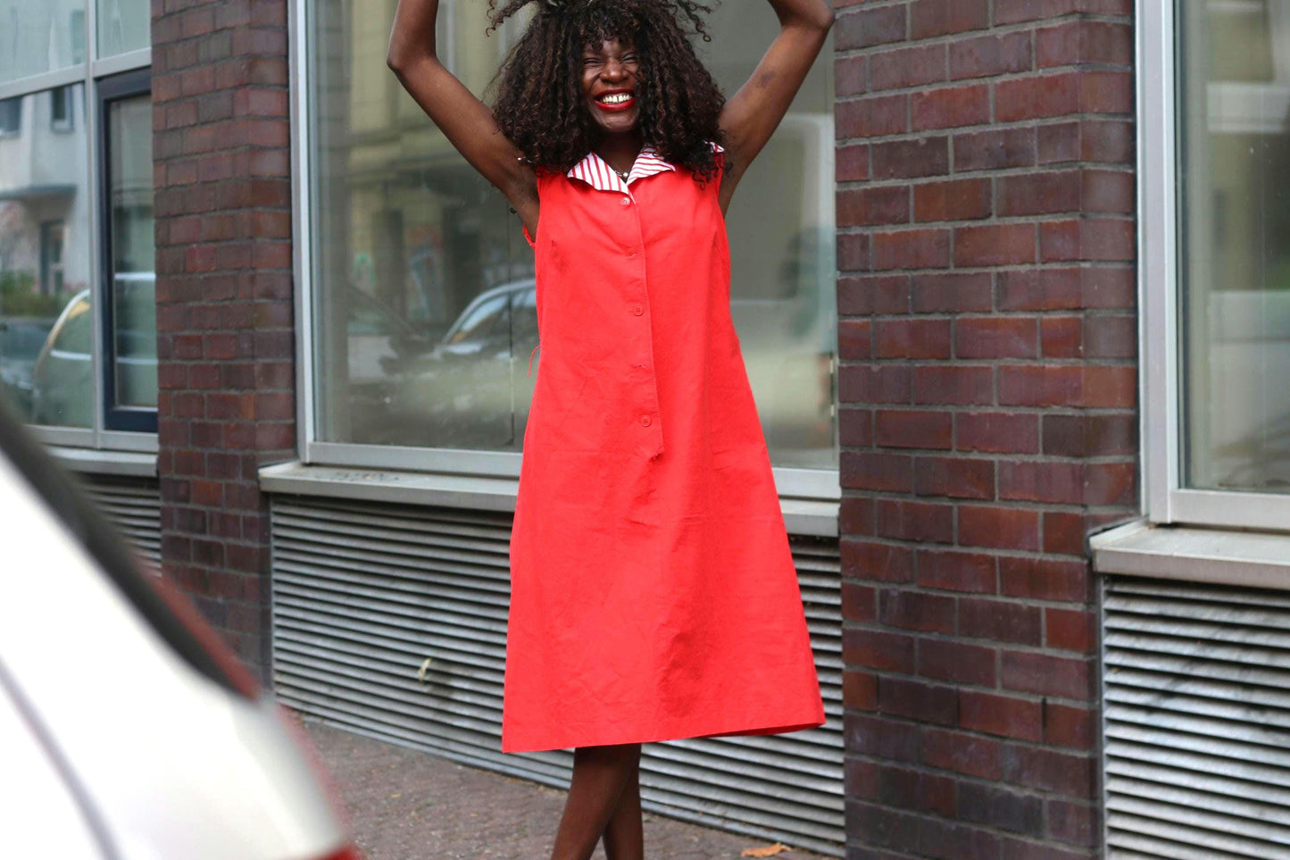 Vintage Red Shift Dress Striped Disco Collar Sleeveless Mod 60s Style Midi