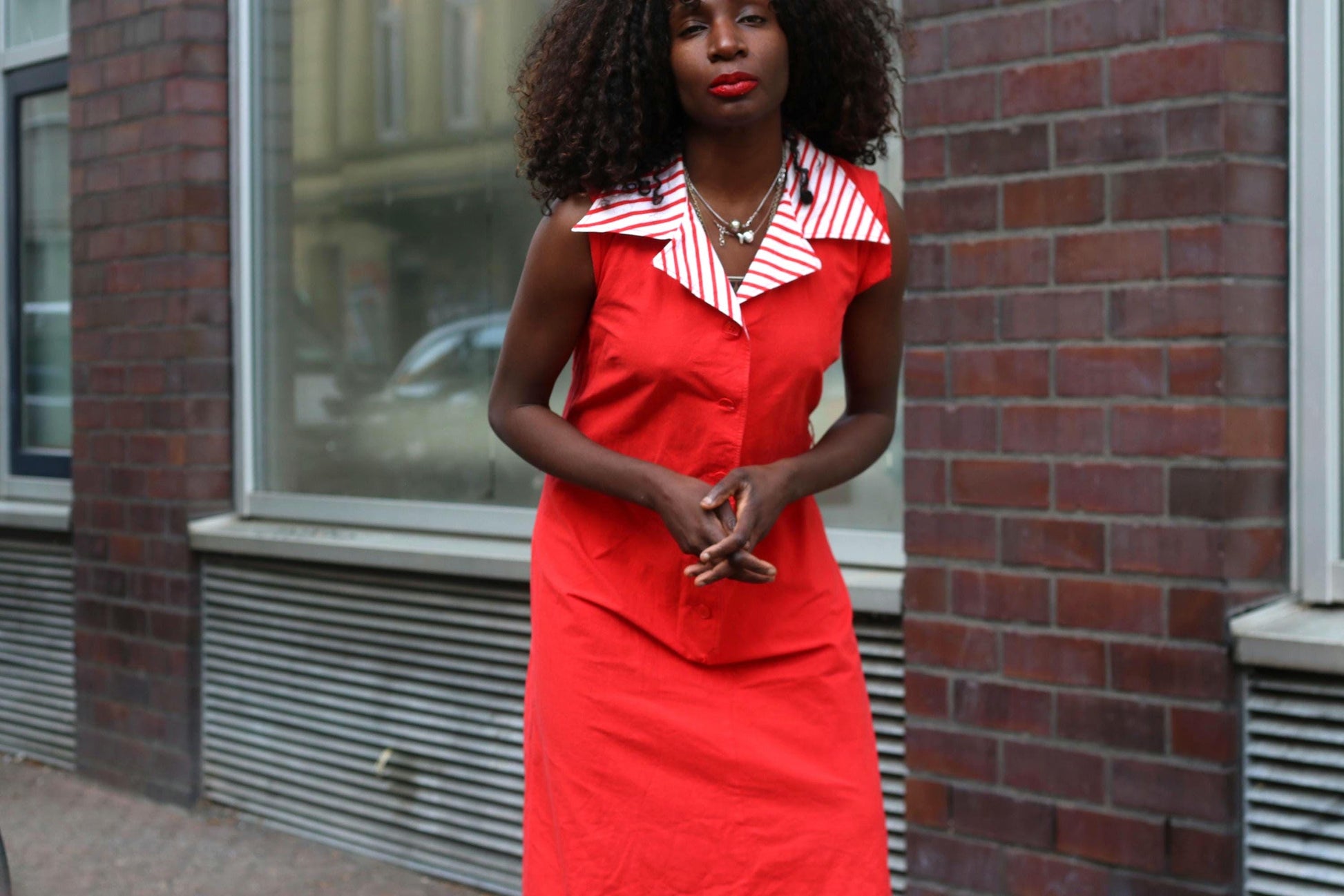Vintage Red Shift Dress Striped Disco Collar Sleeveless Mod 60s Style Midi
