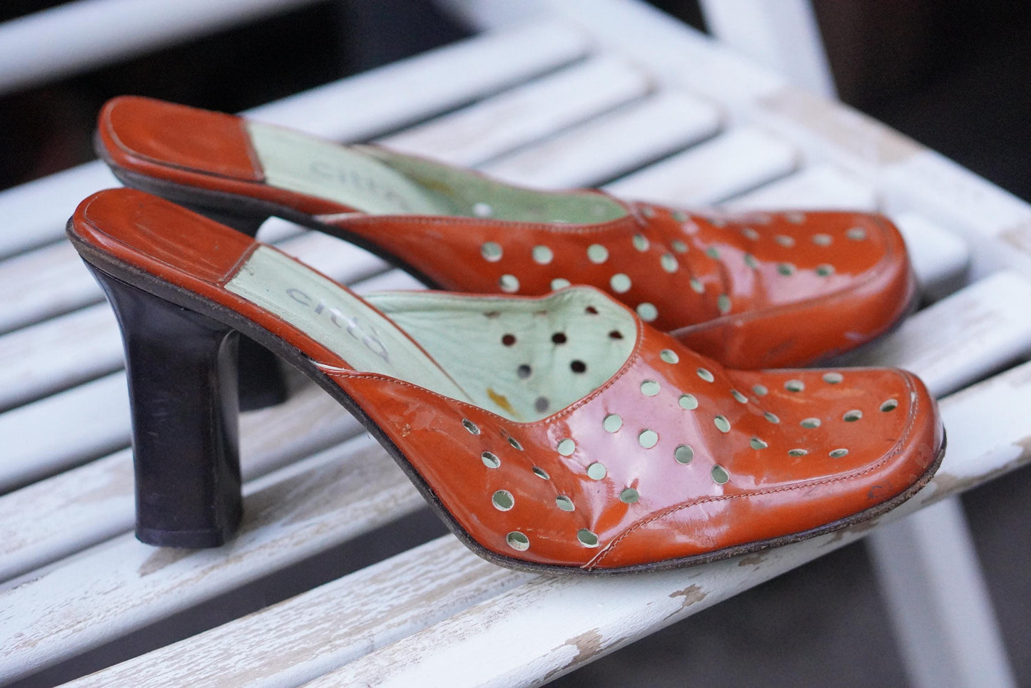 Vintage Mules Square Toe Burnt Orange Patent Leather Block Heel 90s Shoes Citta