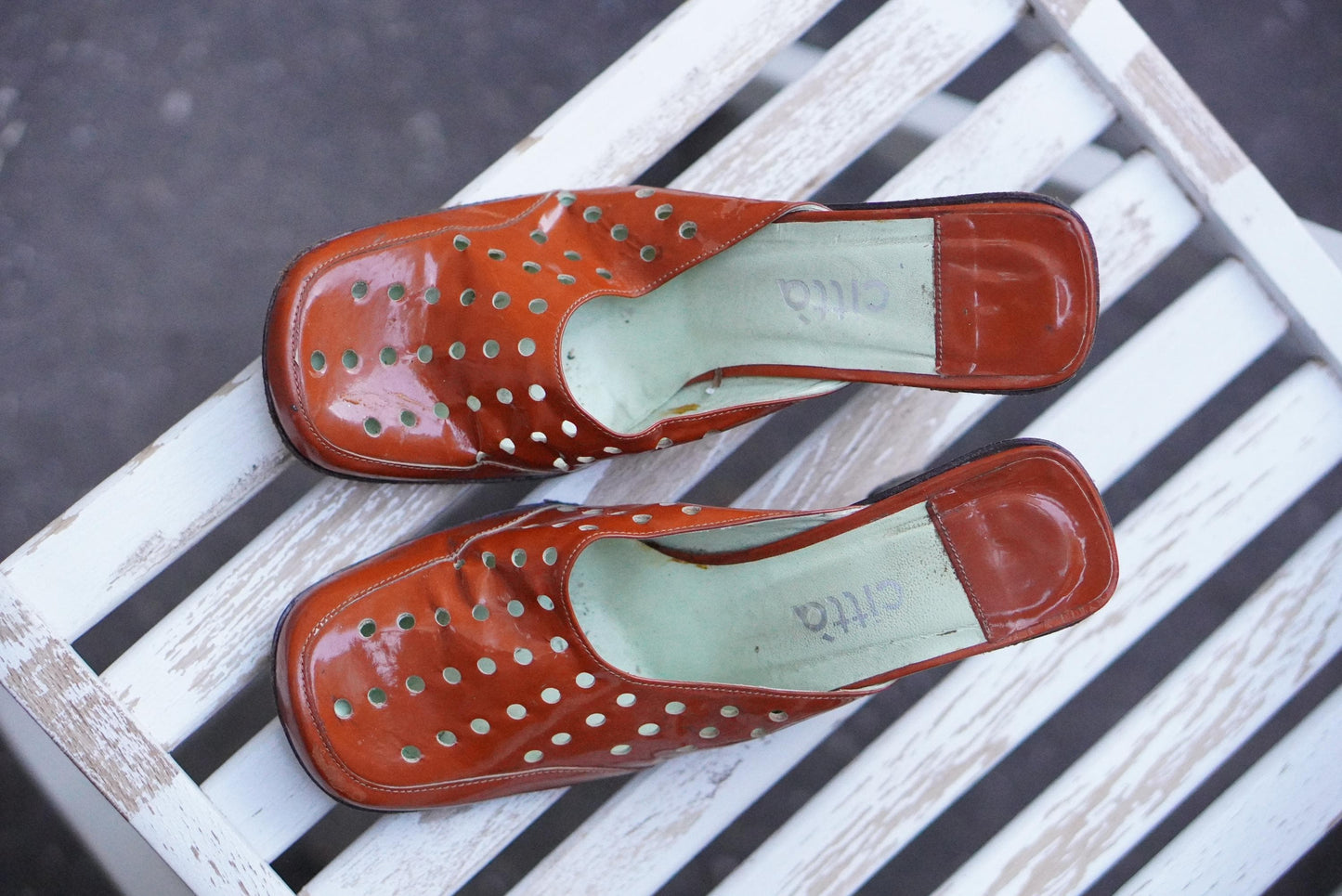 Vintage Mules Square Toe Burnt Orange Patent Leather Block Heel 90s Shoes Citta