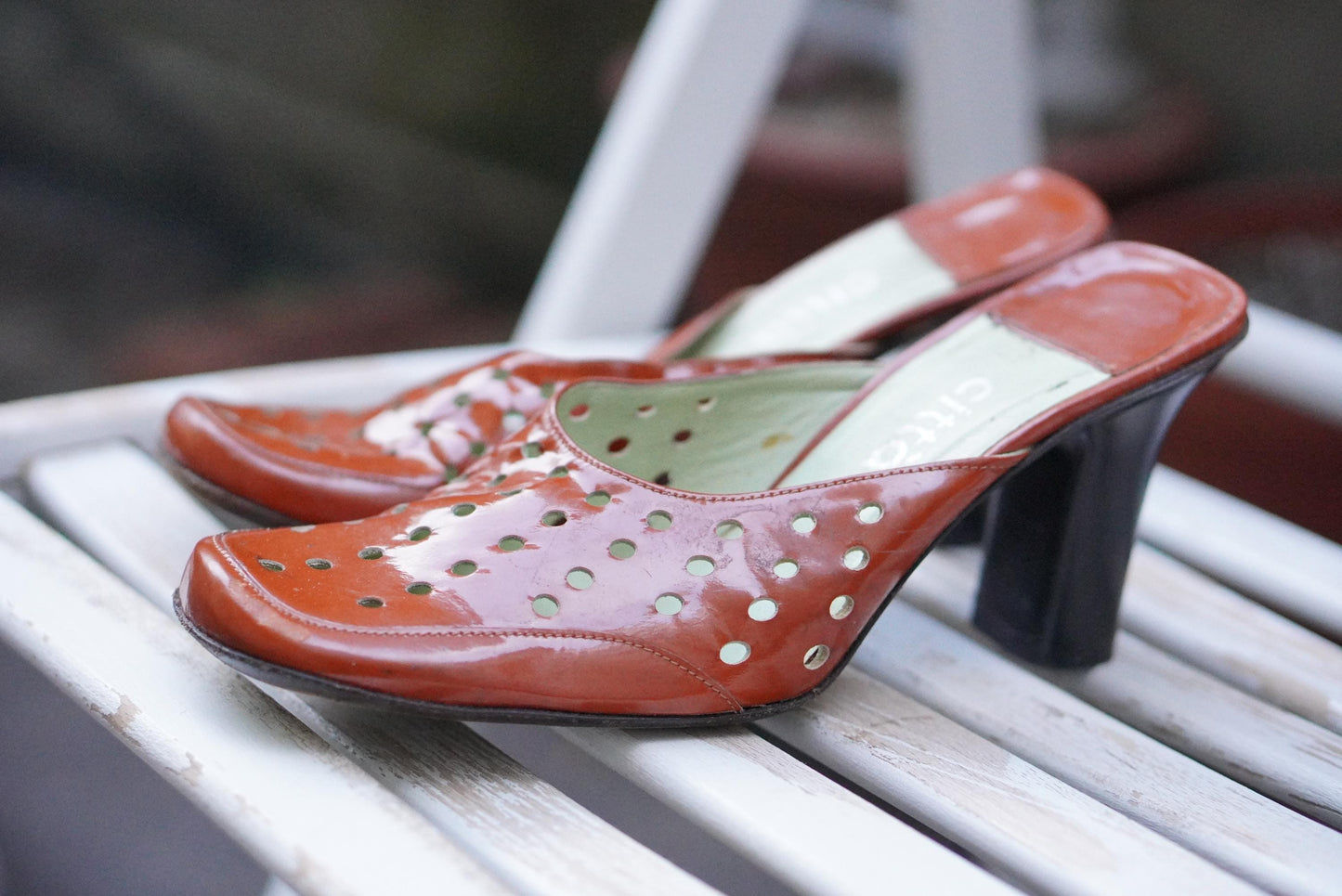 Vintage Mules Square Toe Burnt Orange Patent Leather Block Heel 90s Shoes Citta