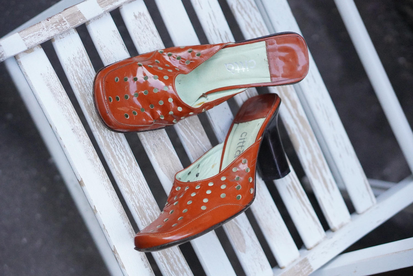 Vintage Mules Square Toe Burnt Orange Patent Leather Block Heel 90s Shoes Citta