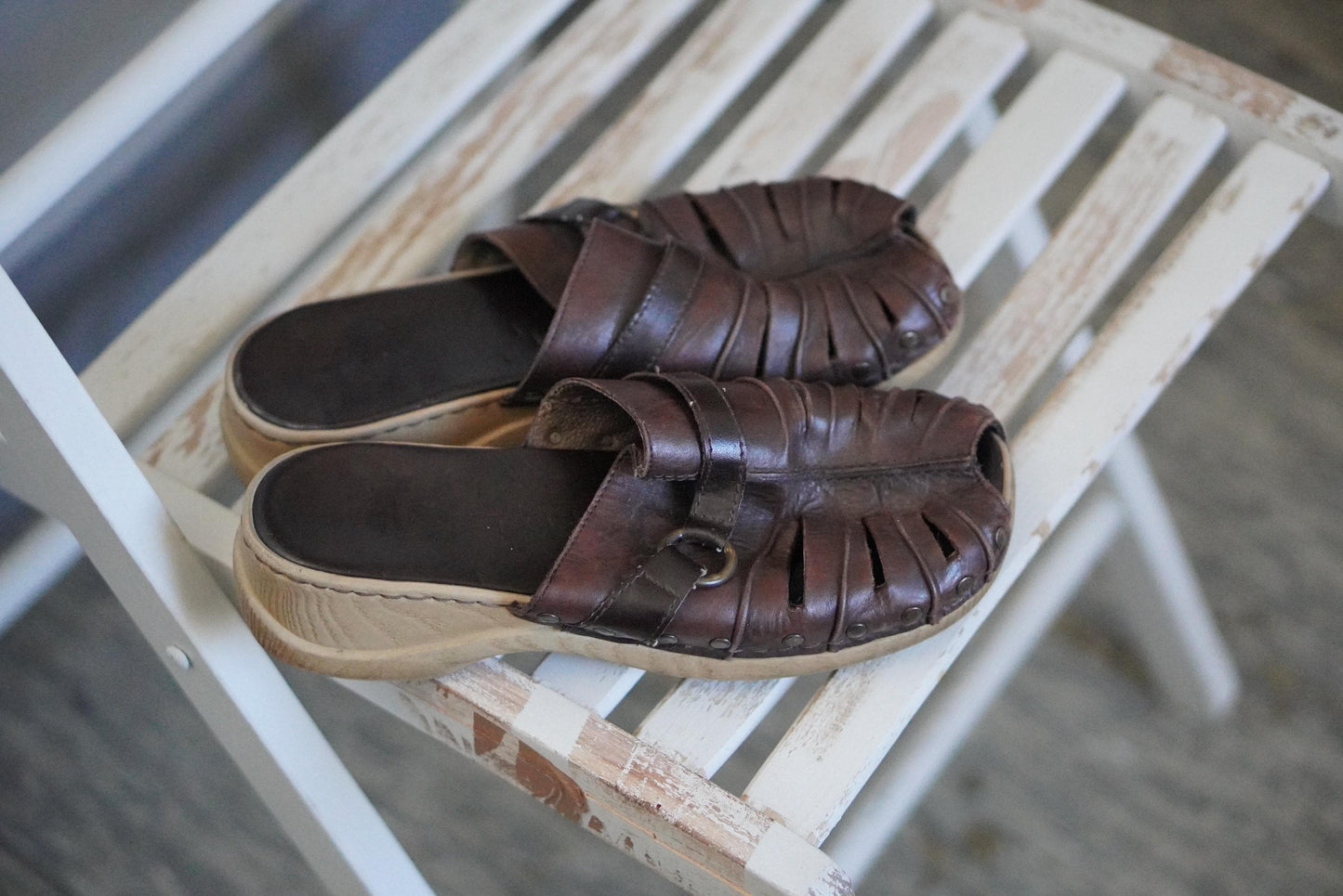 Vintage Rieker Brown Leather Clogs Mules 90s Boho Wooden Sole Shoes Size 38 EU