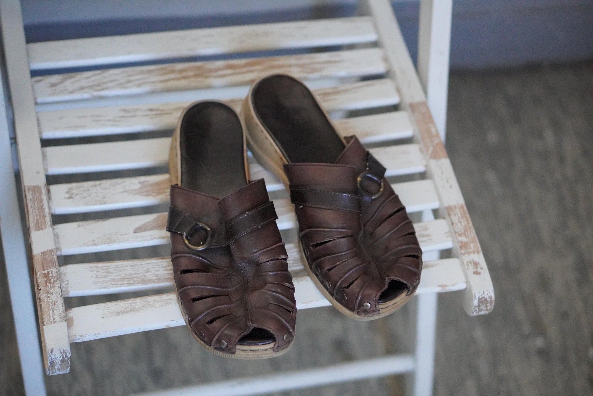 Vintage Rieker Brown Leather Clogs Mules 90s Boho Wooden Sole Shoes Size 38 EU