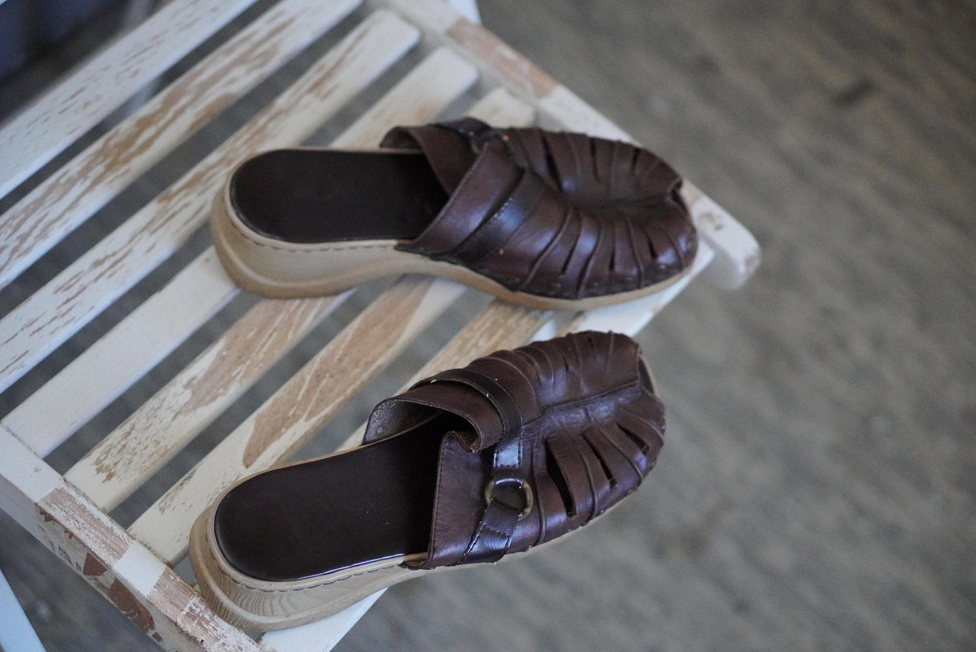 Vintage Rieker Brown Leather Clogs Mules 90s Boho Wooden Sole Shoes Size 38 EU