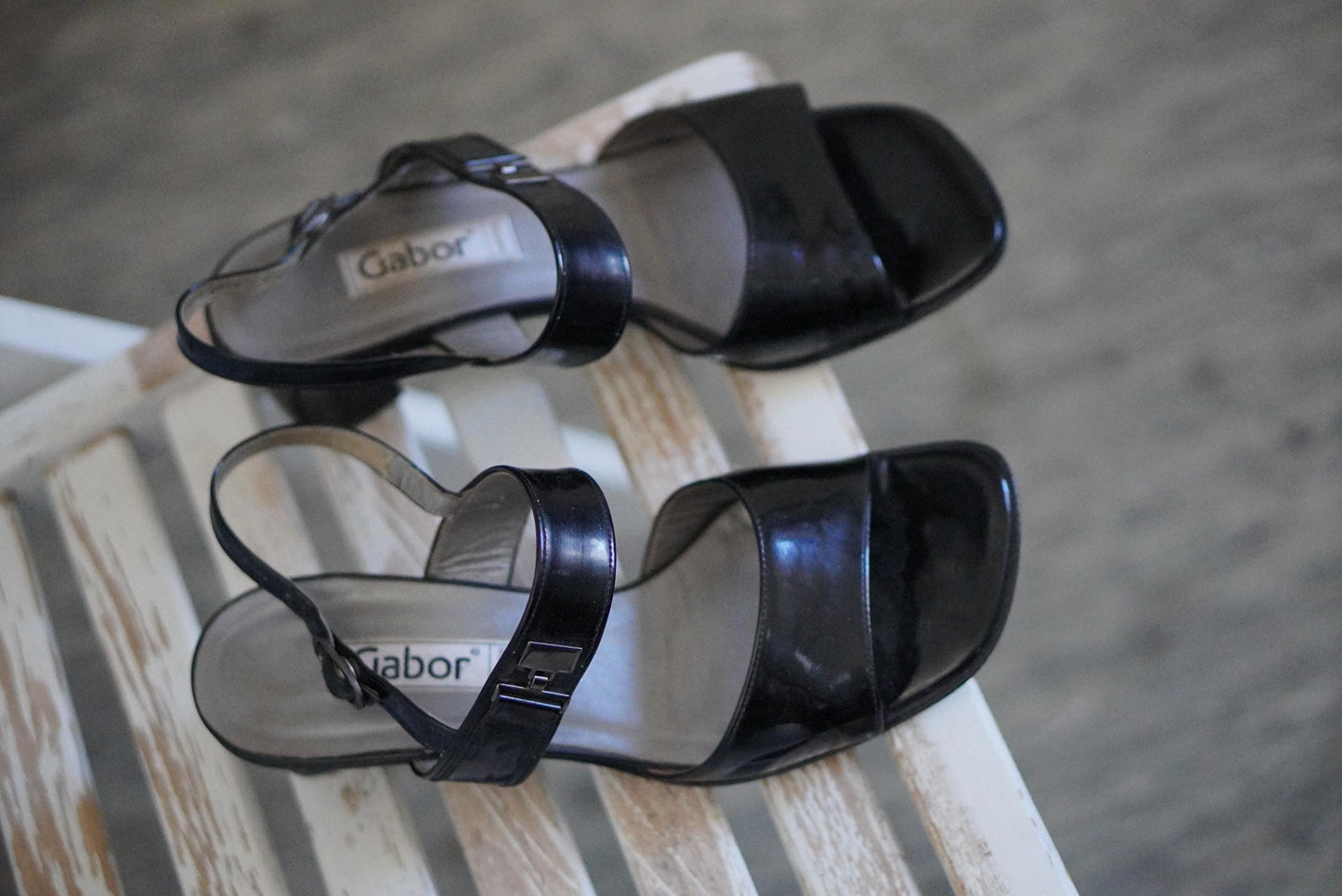 Gabor Vintage 90s Black Patent Leather Sandals Block Heel Slingback UK 4.5 EU 37.5