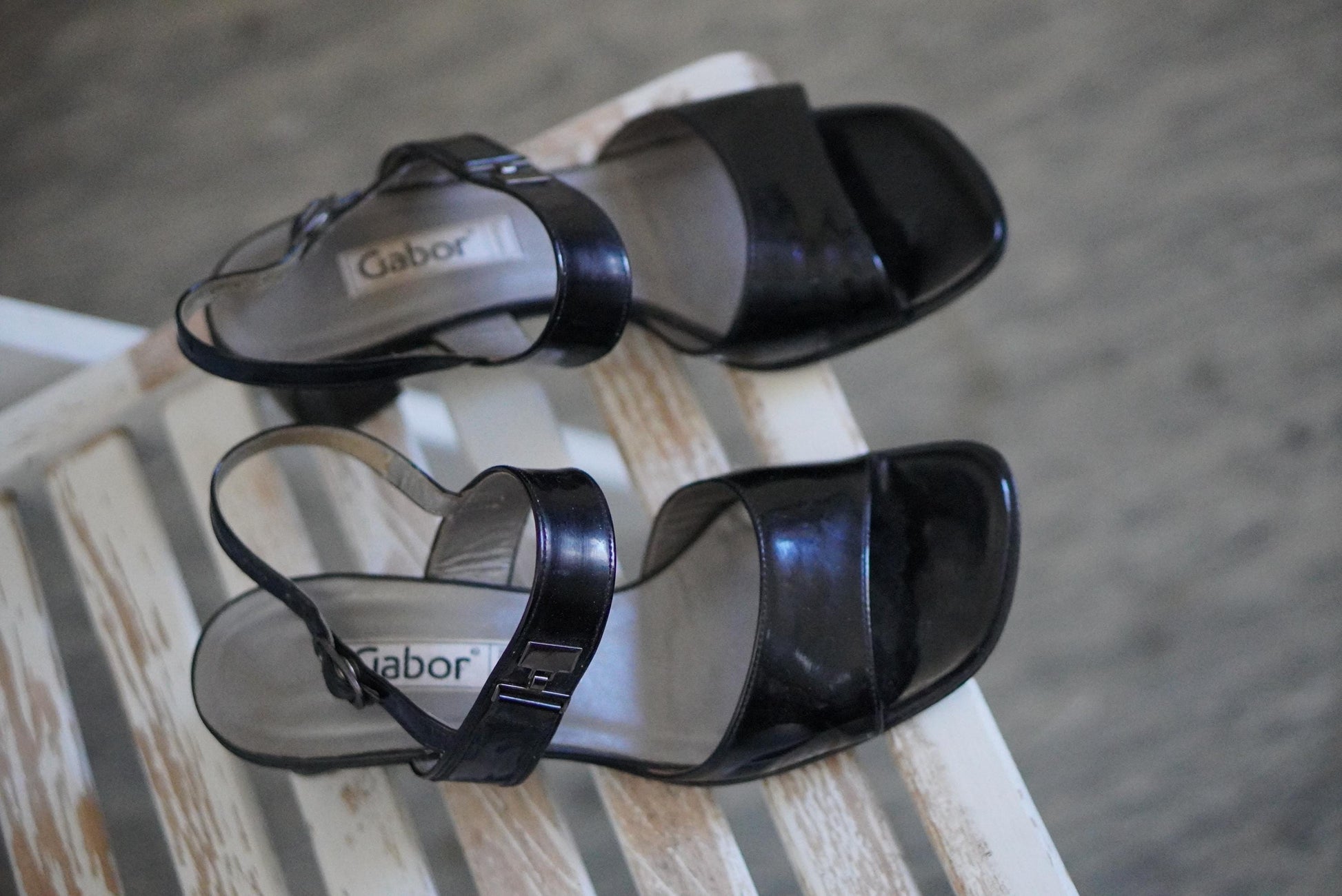 Gabor Vintage 90s Black Patent Leather Sandals Block Heel Slingback UK 4.5 EU 37.5