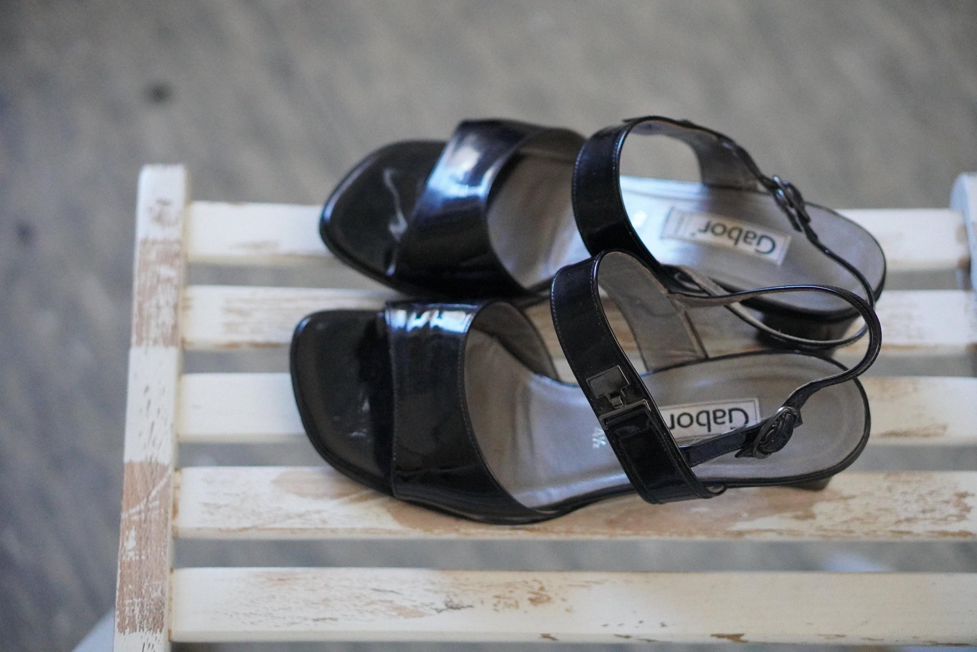 Gabor Vintage 90s Black Patent Leather Sandals Block Heel Slingback UK 4.5 EU 37.5