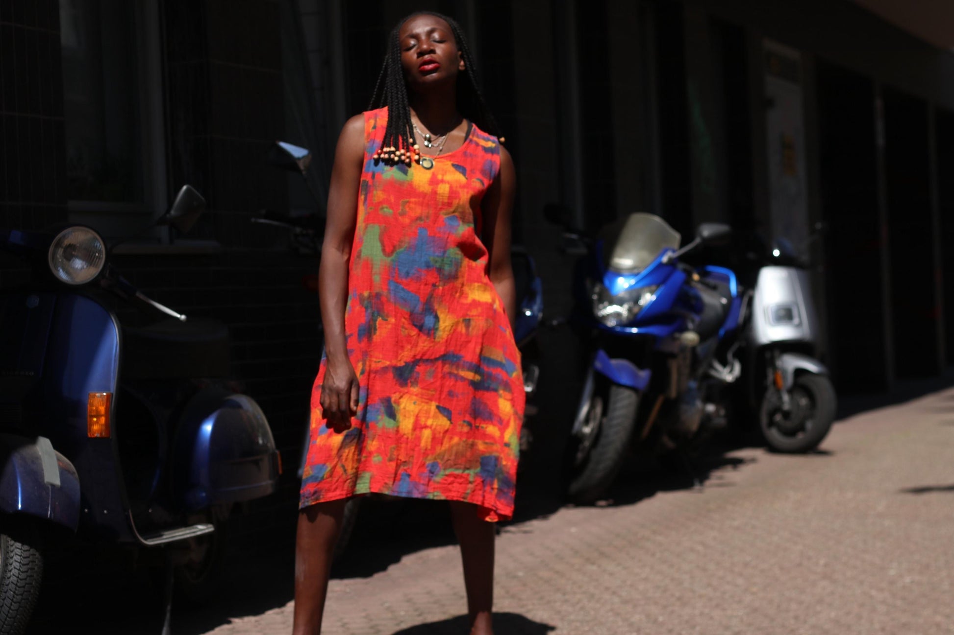 Vintage Abstract Linen Midi Dress | Painterly Print Boho Tunic