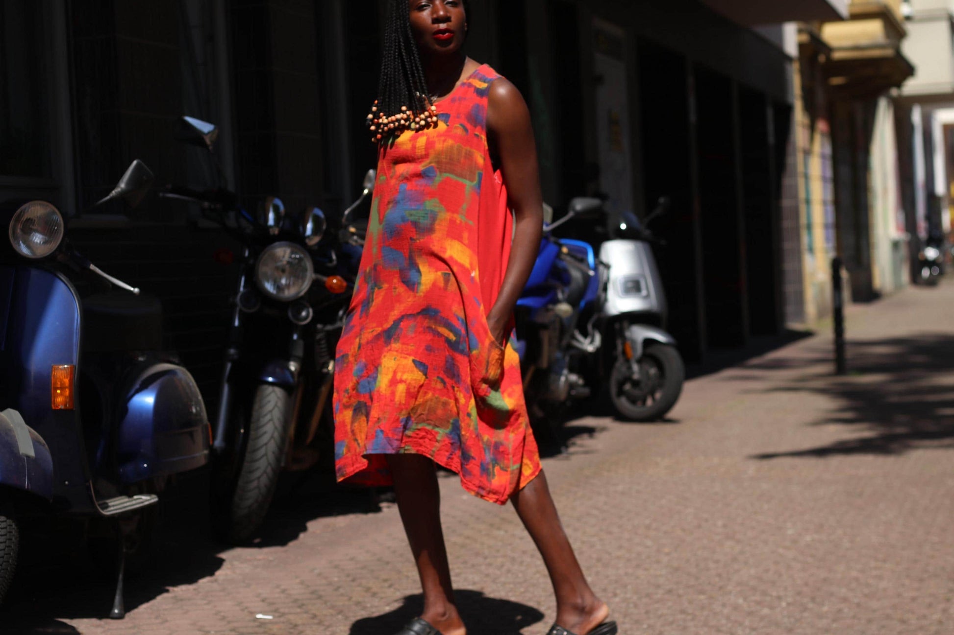Vintage Abstract Linen Midi Dress | Painterly Print Boho Tunic