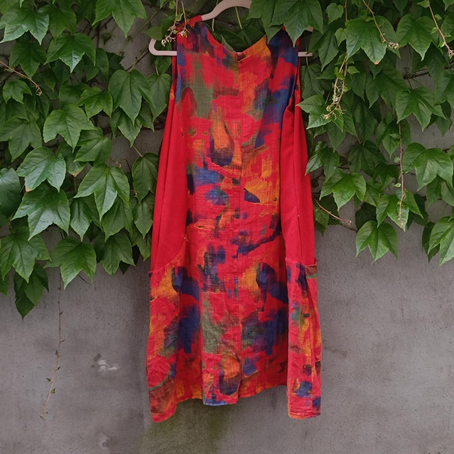 Vintage Abstract Linen Midi Dress | Painterly Print Boho Tunic