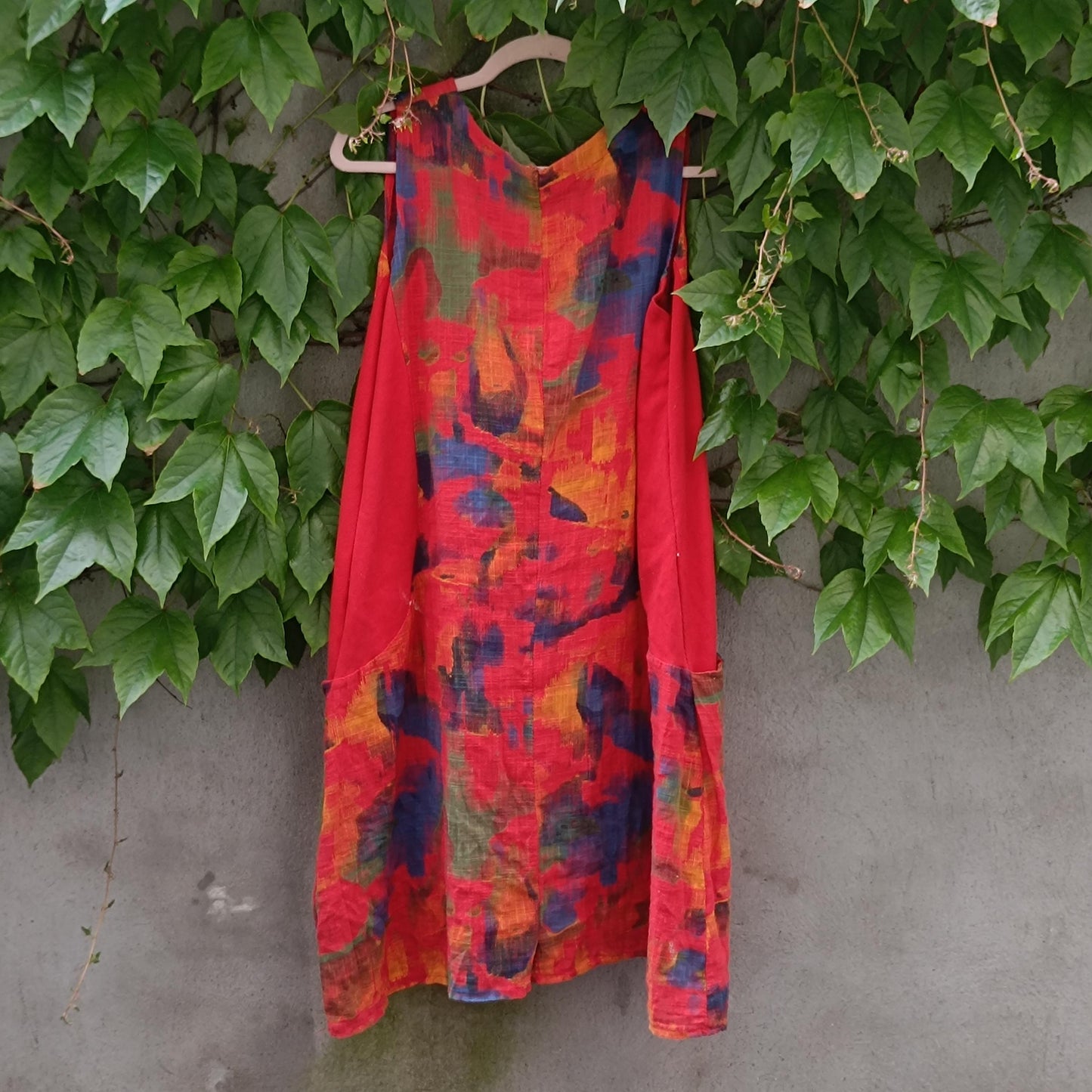 Vintage Abstract Linen Midi Dress | Painterly Print Boho Tunic