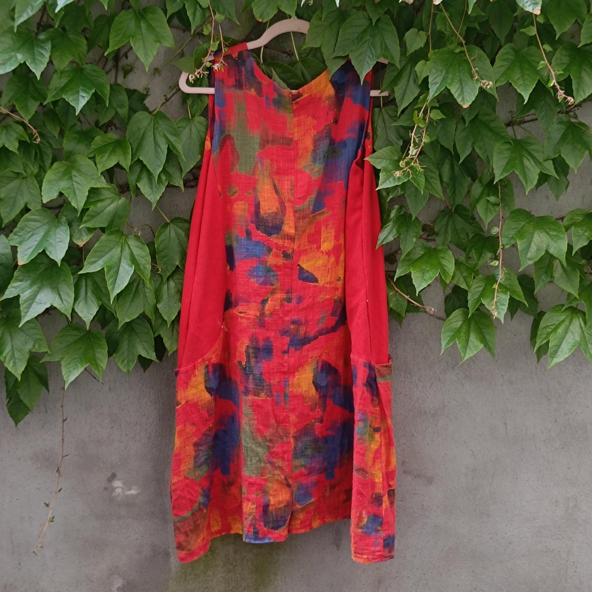 Vintage Abstract Linen Midi Dress | Painterly Print Boho Tunic