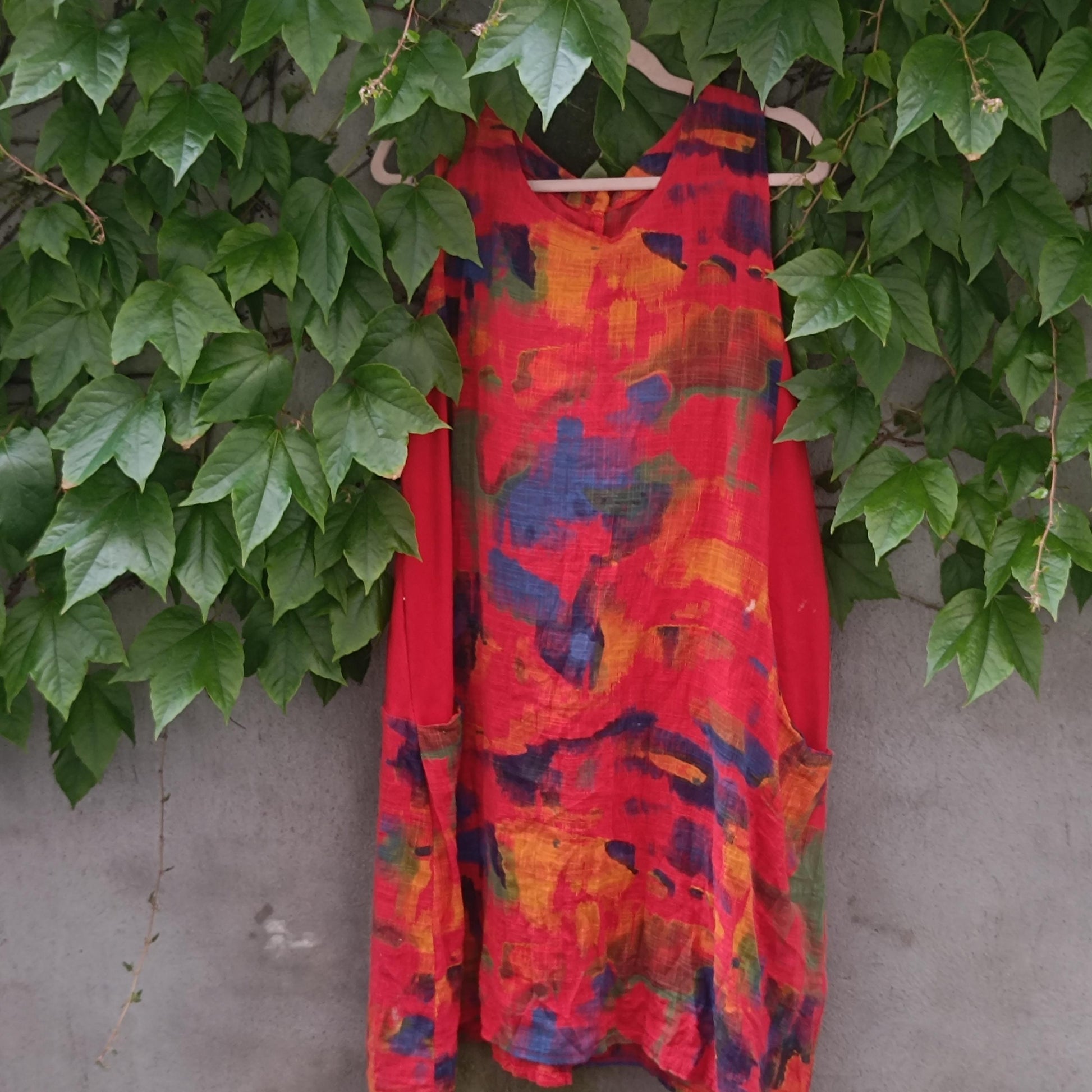 Vintage Abstract Linen Midi Dress | Painterly Print Boho Tunic