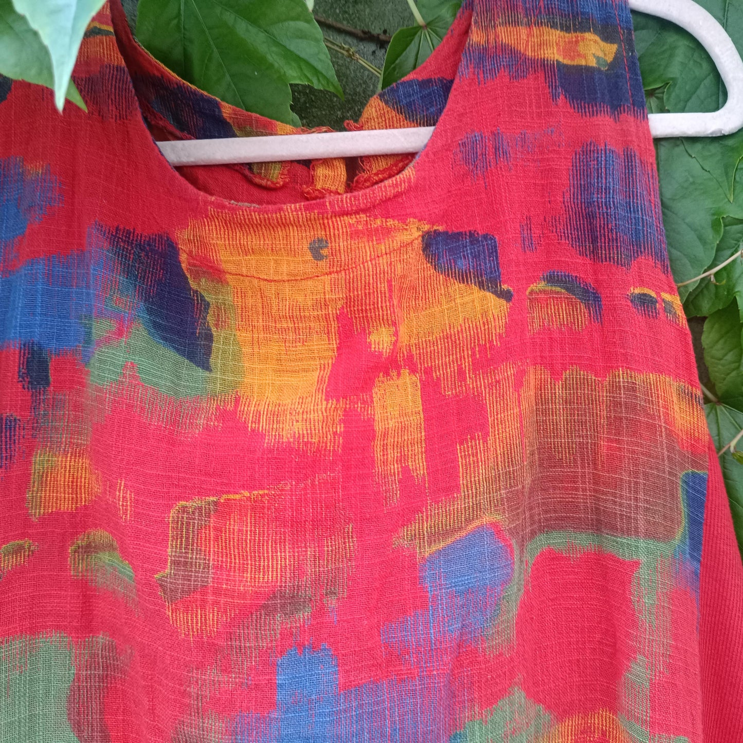 Vintage Abstract Linen Midi Dress | Painterly Print Boho Tunic