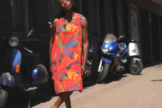 Vintage Abstract Linen Midi Dress | Painterly Print Boho Tunic
