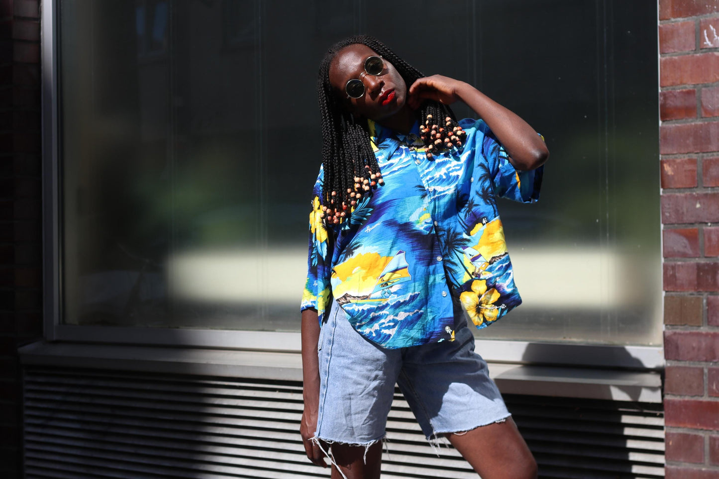 Vintage 90s Hawaiian Shirt Blue Tropical Beach Print Oversized Surf Shirt