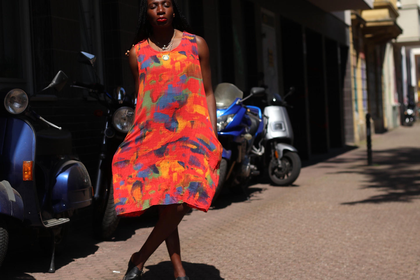 Vintage Abstract Linen Midi Dress | Painterly Print Boho Tunic