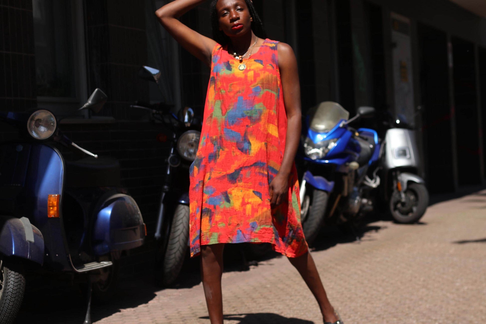 Vintage Abstract Linen Midi Dress | Painterly Print Boho Tunic