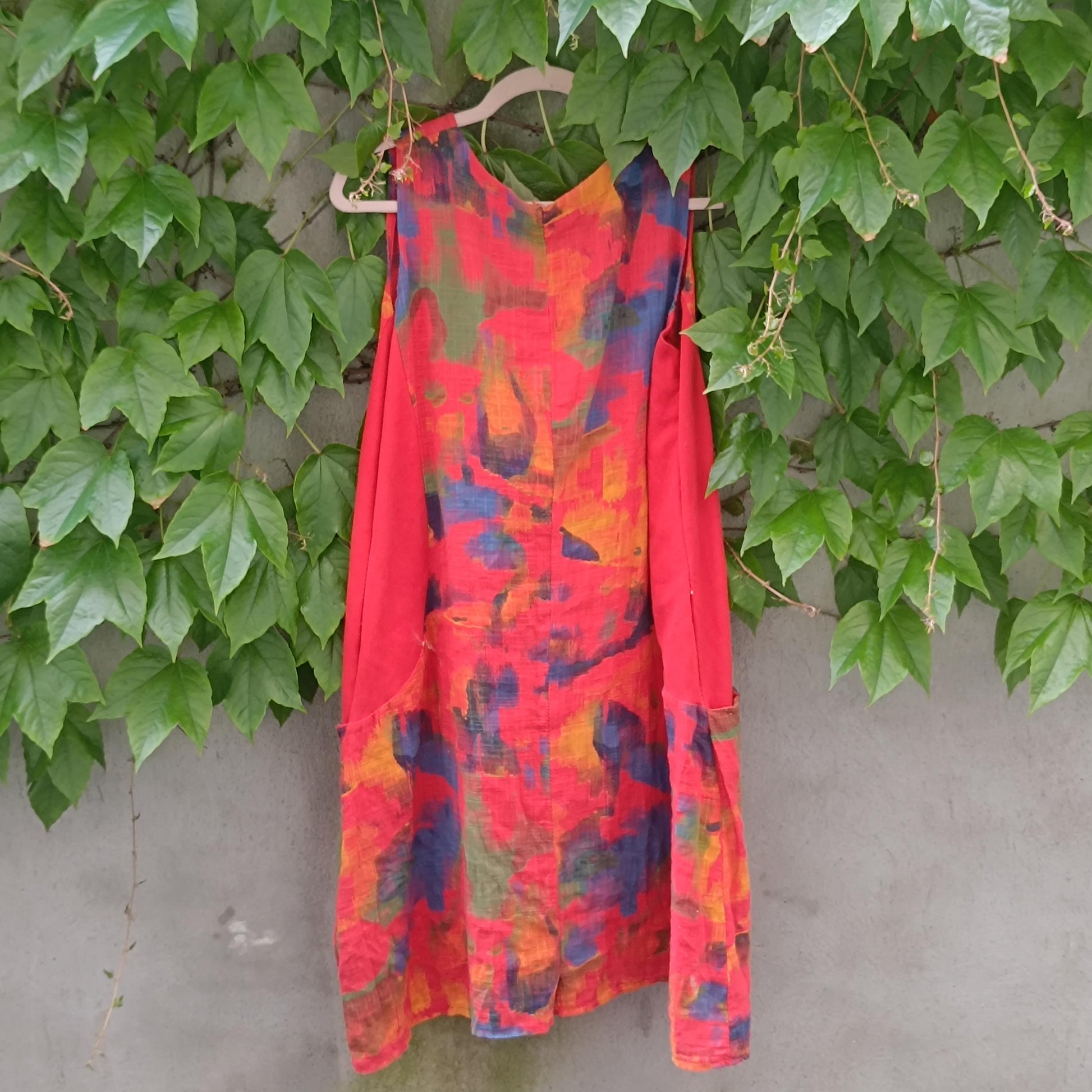 Vintage Abstract Linen Midi Dress | Painterly Print Boho Tunic