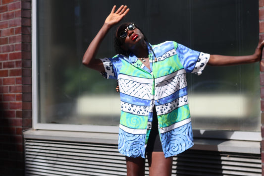 Vintage 90s Abstract Shirt Blue Green Viscose Festival Top Size 42