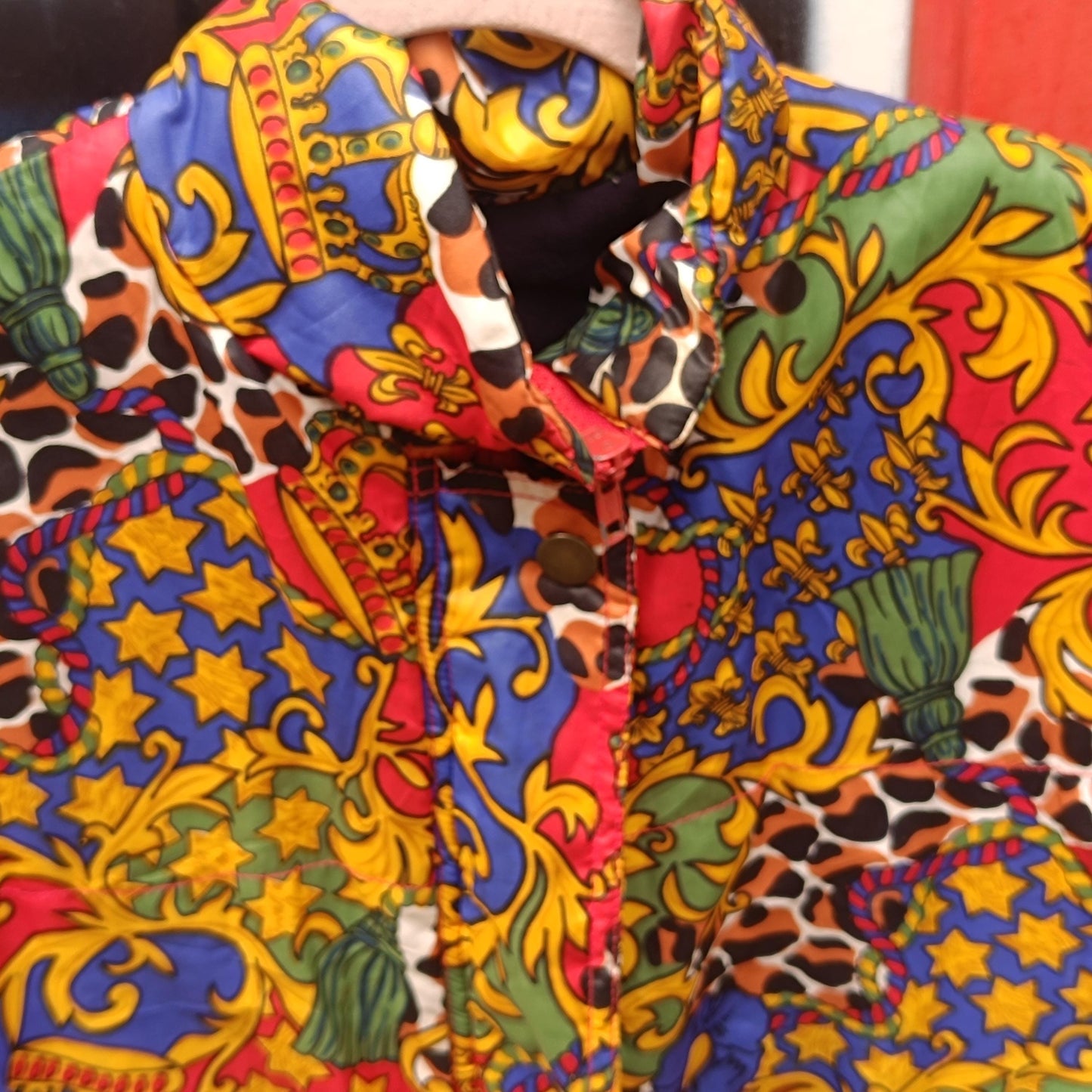Vintage 80er Puffer Weste Bunt Abstract Print Ärmellose Steppjacke Gilet M