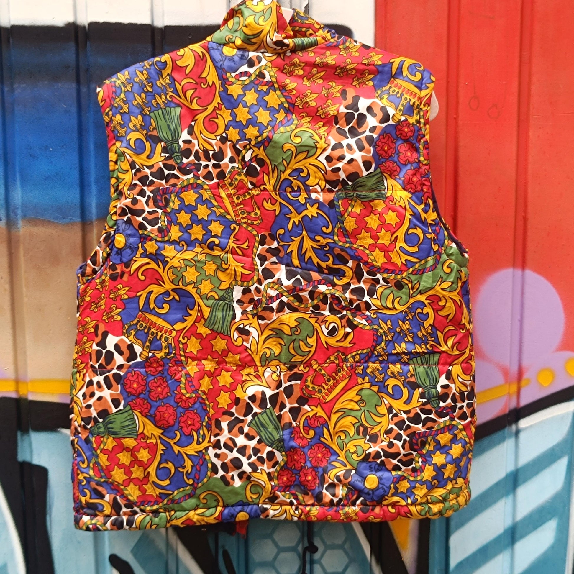 Vintage 80er Puffer Weste Bunt Abstract Print Ärmellose Steppjacke Gilet M